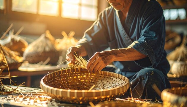 Japanese bamboo craft artisan weaving a traditional basket in a sunlit workshop