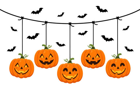 A festive halloween banner featuring orange pumpkin jack o lantern hanging decoration elements with spooky bat silhouettes for autumn celebrations