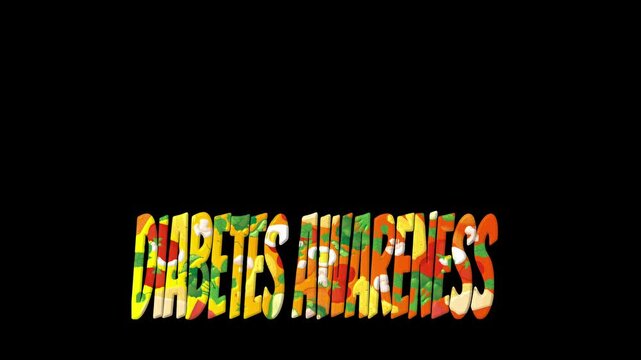 3D animated Diabetes Awareness typography featuring a colorful abstract texture. The bright text dynamically forms and positions against a solid black background.
