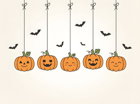Cute halloween banner featuring orange pumpkin jack o lantern hanging decoration with spooky bat silhouettes for festive autumn holiday party design