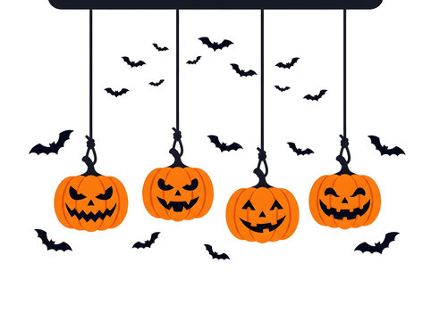 A festive halloween banner featuring orange pumpkin jack o lantern hanging decoration elements with spooky bat silhouettes for autumn holiday celebration