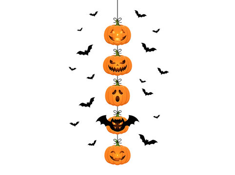 A festive halloween banner featuring a hanging decoration of orange pumpkin jack o lantern faces and spooky flying black bat