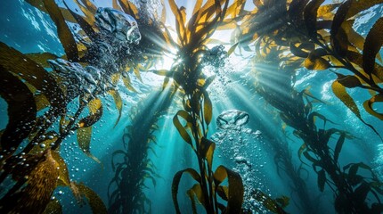 Fototapeta premium Underwater view looking up through kelp forest. Sunbeams pierce blue ocean water through golden seaweed plants. Bubbles rise toward surface in deep sea ecosystem. Bright rays create light effect in
