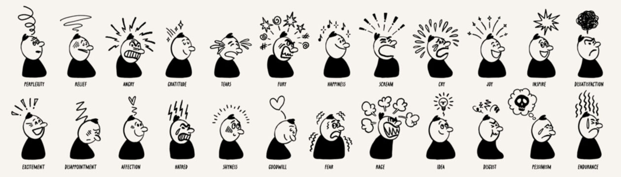Doodle character emotion set with comic faces showing anger, joy and sadness using simple line style and expressive motion effects. Character emotion doodles.