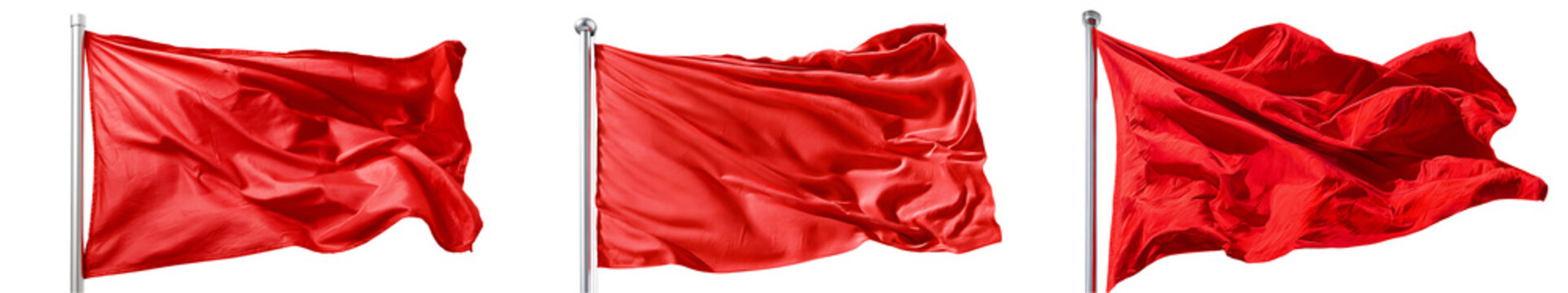 Three red flags waving on poles isolated on transparent background