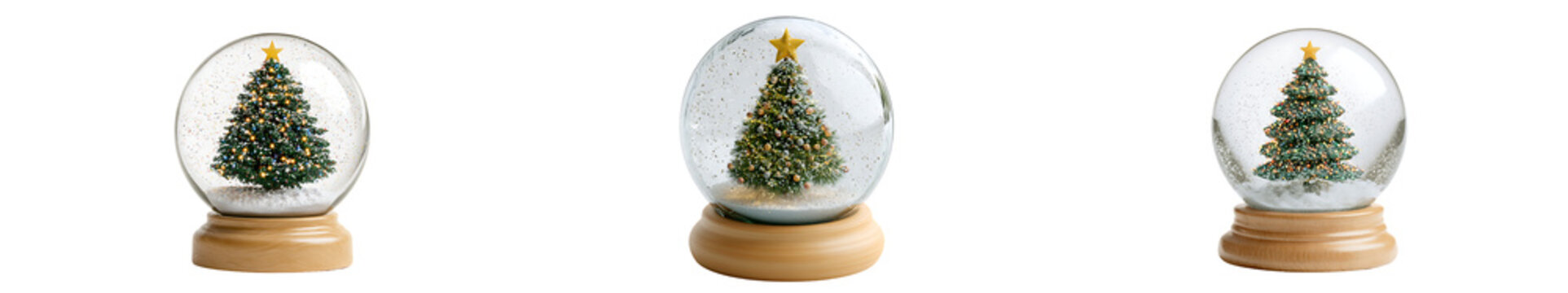 Three christmas snow globes with trees isolated on transparent background