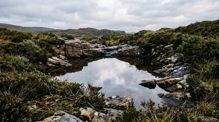 Obraz premium Tranquil Rocky Pool Reflecting Overcast Sky in a Dramatic Highland Landscape with Rolling Hills and Mossy Terrain