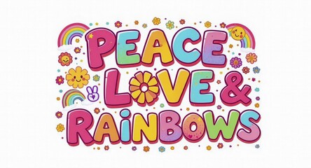 Fototapeta premium A vibrant illustration proclaims 'Peace, Love & Rainbows', a message of positivity with flowers, rainbows, and a peace symbol on a white background, AI generated