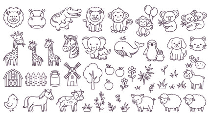 Naklejka premium Zoo animals collection with farm rustic barn elements set.
