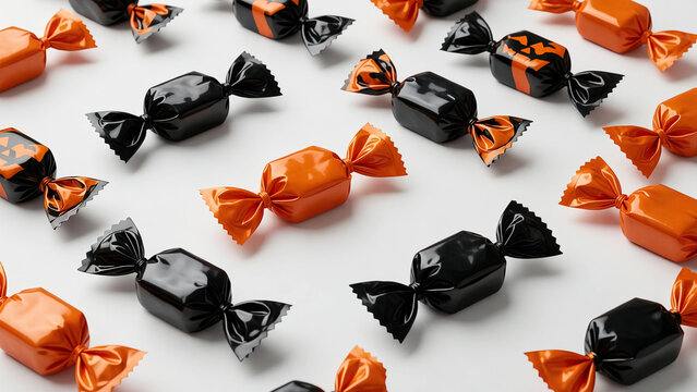 Wrapped Candies in Orange and Black Neat Grid Pattern Display
