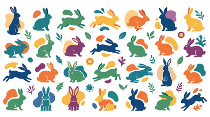 Obraz premium Colorful rabbit sticker set with modern abstract shapes.