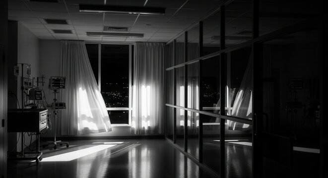 Dimly Lit Hospital Room With Medical Equipment And City Lights At Night Through Curtains