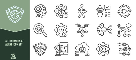 Fototapeta premium Set of 15 autonomous ai agent icons featuring brain, robot, gear, and automation symbols for artificial intelligence, machine learning, and technology concepts
