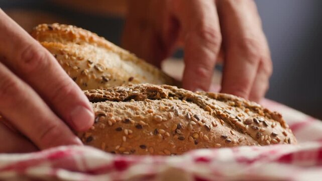 Bread assortment, mixed Spanish baguette loaves from Barcelona bakery, close-up macro shot showing crumb texture