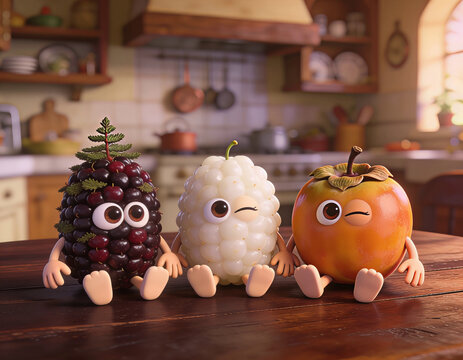 Three fruits with simple cartoon expressions standing together as playful symbols of freshness, wellness and natural healthy living, friendly companions for children