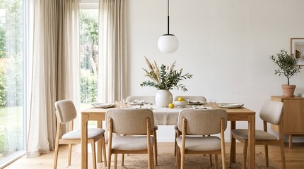 Fototapeta premium Modern dining room interior with wooden table and chairs in a bright minimalist home