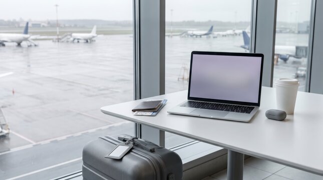 Business traveler laptop template beside coffee and passport at a modern airport gate