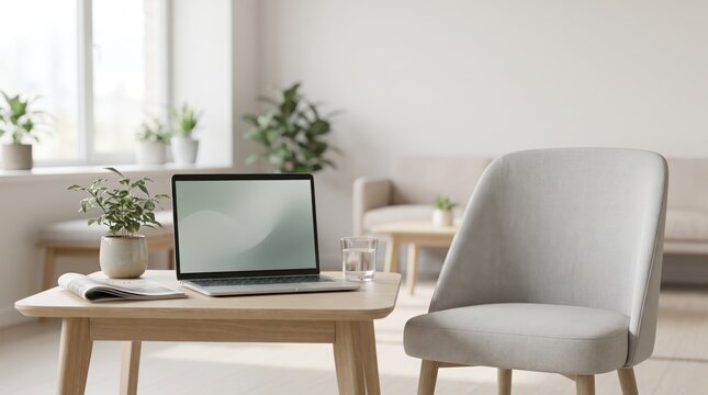 Bright minimalist living room featuring a laptop screen template and a potted plant