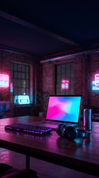 Neon lit industrial loft with a backlit keyboard laptop template on a wooden table