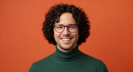 Fototapeta premium Smiling man with curly hair and glasses in green turtleneck against an orange background