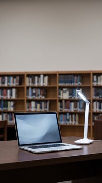 Quiet public library desk with a laptop screen template between tall wooden bookshelves