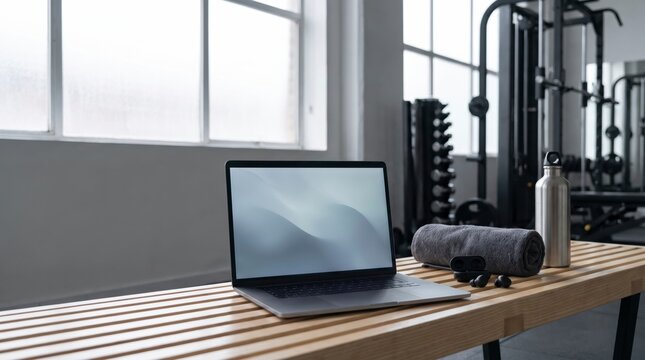 Modern gym bench with a laptop screen template beside dumbbells and a water bottle
