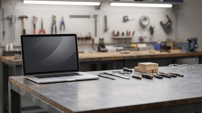 Carpentry workshop workbench holding a laptop template beside handcrafted wood tools