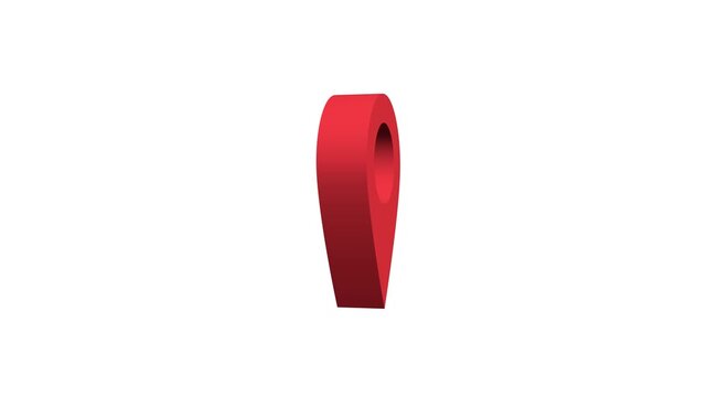 3D red location pin icon rotating seamless loop animation with depth effect on white background. 4K animated for GPS navigation, map marker, geolocation, travel, delivery, and motion graphics.