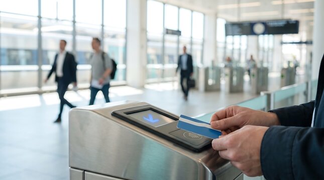 Close up of hands using contactless payment card at automatic turnstile in bright public transit