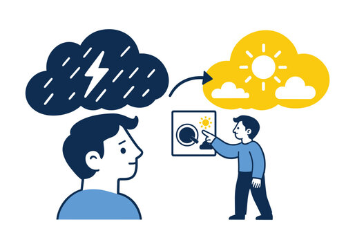 Cartoon illustration of changing weather mood with a switch on wall