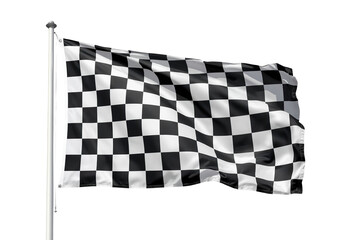 Obraz premium Black and white checkered racing flag waving on pole