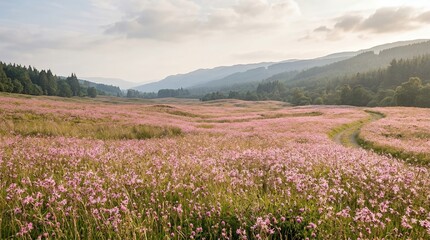 Obraz premium Beautiful landscape of a blooming meadow with pink wildflowers and winding path under hazy mountains and forest trees.