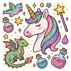 Fototapeta premium Magical Fantasy Unicorn Dragon and Stars Vector Set,