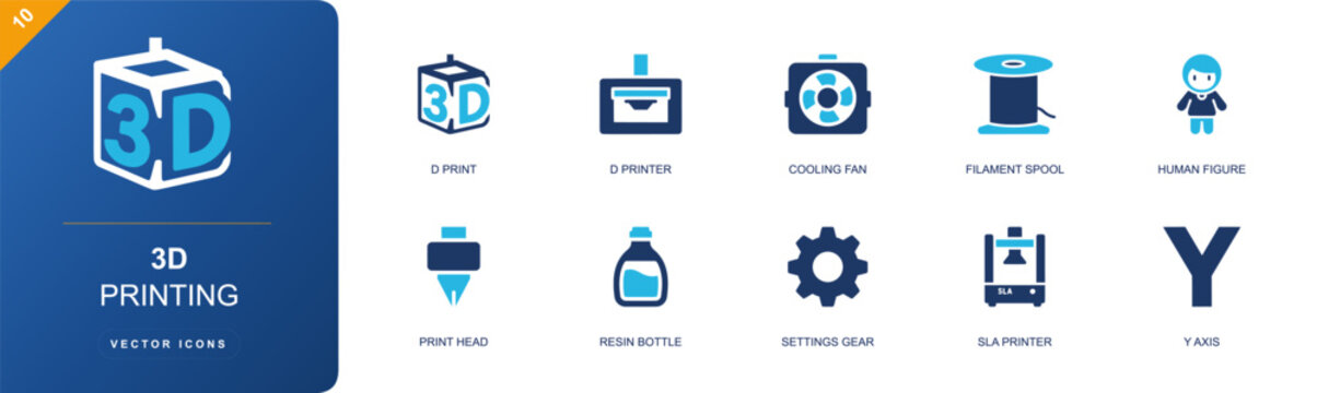 3D printing icon set. Containing 3D print cube, 3D printer, cooling fan, filament spool, human figure, print head, resin bottle, settings gear, SLA printer and more. Solid fill vector icons.