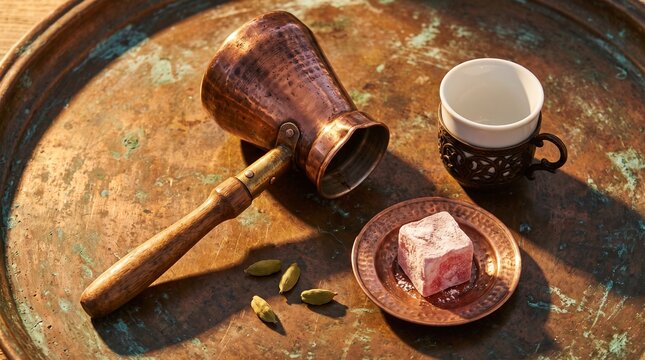 Elegant authentic flat lay of a complete Turkish coffeehouse service on aged patinated bronze &mdash; copper cezve with use patina, porcelain fincan in bronze zarf, rose lokum with powdered sugar, pods