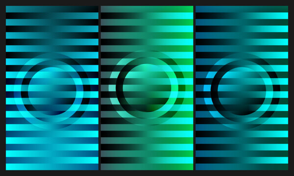 Abstract Blue and Green Striped Gradient Background with Geometric Circular Shapes