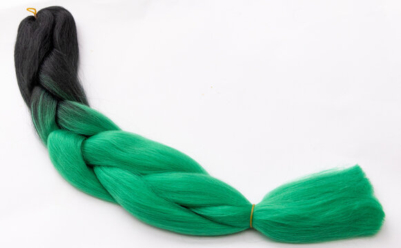 Vibrant Green and Black Ombre Braided Hair Extension on White
