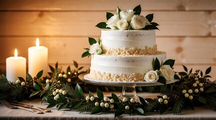 Fototapeta premium Two-tier white cake with creamy frosting, rose decorations sits on glass stand. Festive plants, berries encircle cake, candles glow nearby. Cake display evokes celebratory ambiance, perfect for