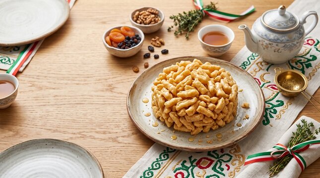 Festive Tatar chak chak dessert and tea table with traditional ornaments and national colors for Republic Day of Tatarstan celebration