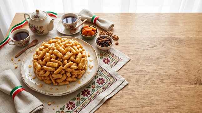 Republic Day of Tatarstan festive table with traditional chak chak honey dessert, black tea, dried fruits and national ribbon with copy space