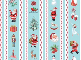 Santa Claus, nutcracker, sleigh, deer, house, snowman, present box, rocking horse, ball, Christmas tree, mistletoe, candle, bell, mittens pattern. Merry Christmas, New Year print. © good_mood