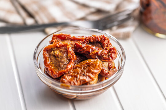 Sun-Dried Tomatoes in Glass Bowl With Olive Oil &ndash; Mediterranean Preserved Tomato Appetizer