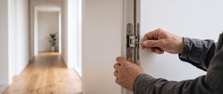 Home door hinge installation by handyman adjusting concealed door hardware for interior security and renovation