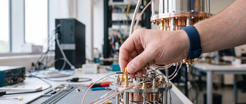 Engineer adjusting quantum computer cryostat components in research laboratory for superconducting qubit experiments