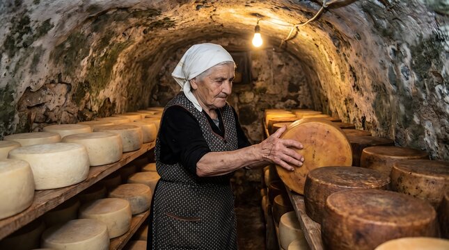 Documentary of an elderly Sardinian cheesemaker in traditional dress turning a Pecorino Sardo wheel in a stone aging cave