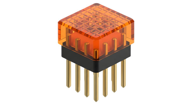Square Push Button Tactile Switch Component With Amber Transparent Cap On A Isolated Transparent Background