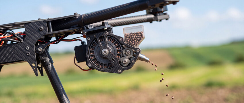 Agricultural drone seeder dispensing seeds over field for precision farming and reforestation