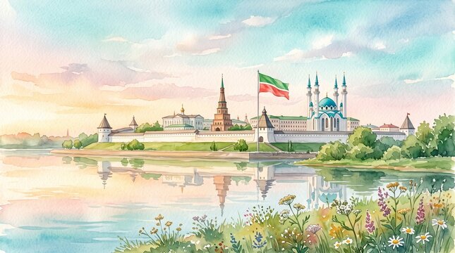 Republic Day of Tatarstan watercolor illustration of Kazan Kremlin, Qol Sharif Mosque, national flag, river reflection and colorful summer wildflowers