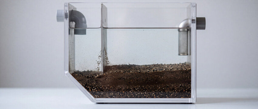 Transparent tank with soil layers and water filtration pipes for aquarium or aquaponics experiment