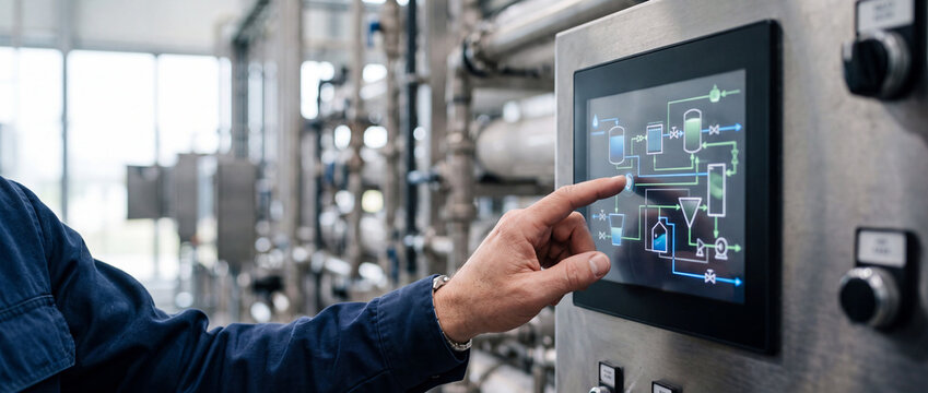 Industrial automation technician using touchscreen control panel in modern manufacturing plant